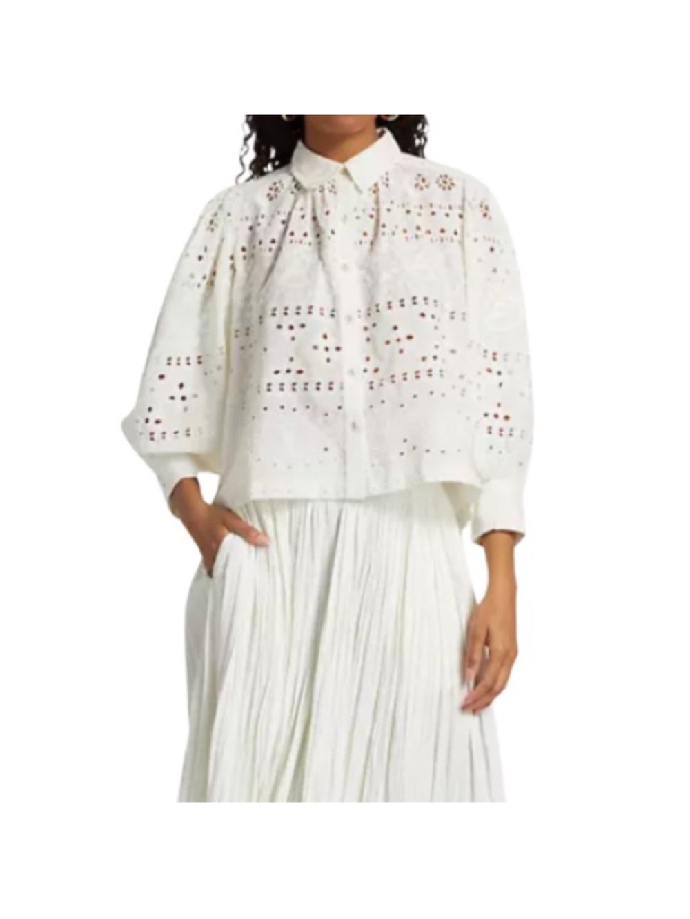 HOUSE OF HARLOW 1960 Sml Off White Cotton Eyelet Embroidered Puff Sleeve Blouse